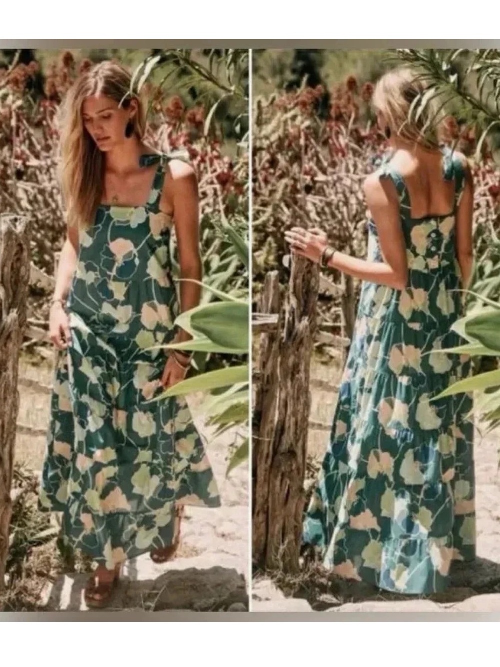 Sezane Annie Maxi Dress Floral Tiered Beach Tropical Sleeveless